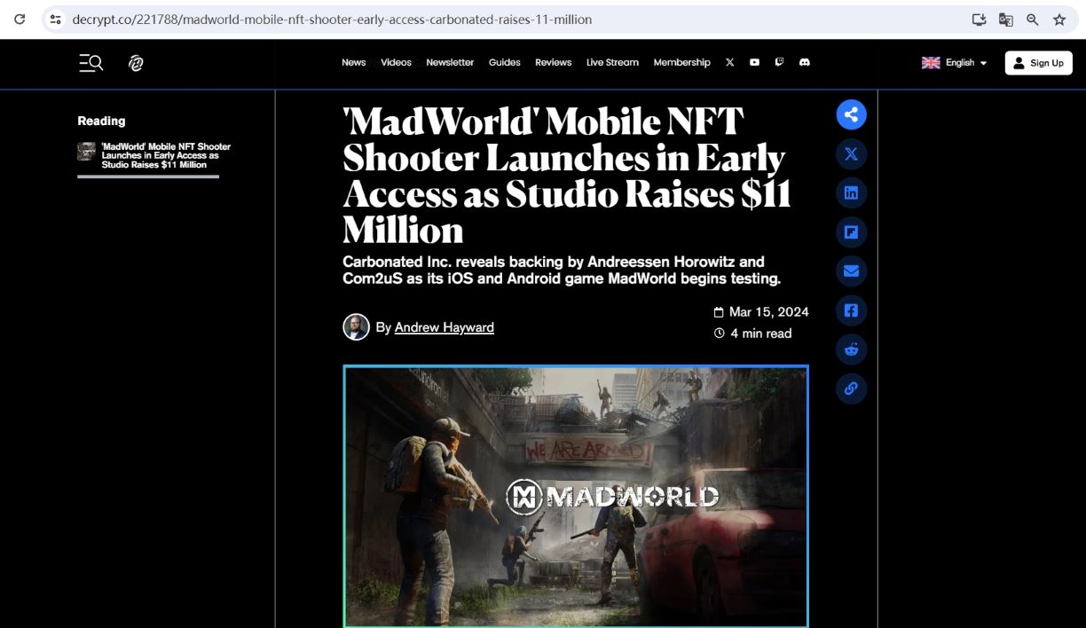 《MadWorld》移动NFT射击游戏工作室Carbonated完成1100万美元融资