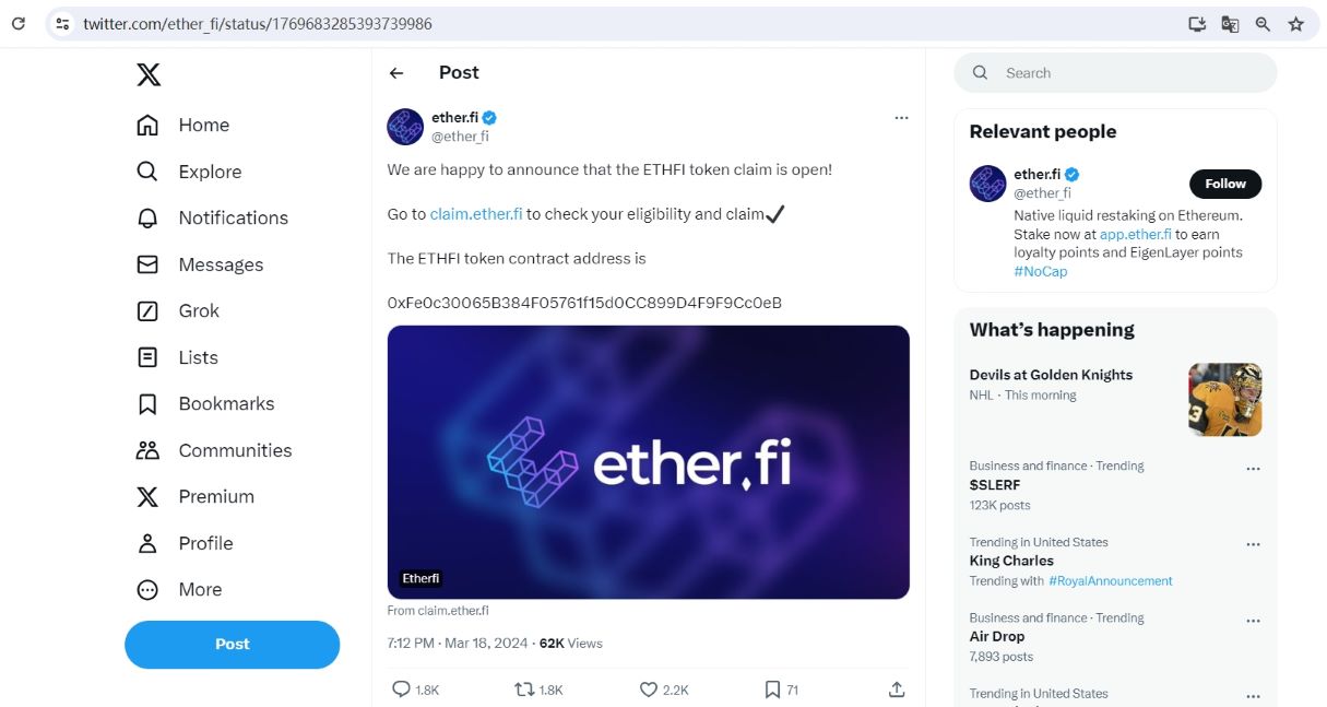 ether.fi的ETHFI代币首次空投已开放申领