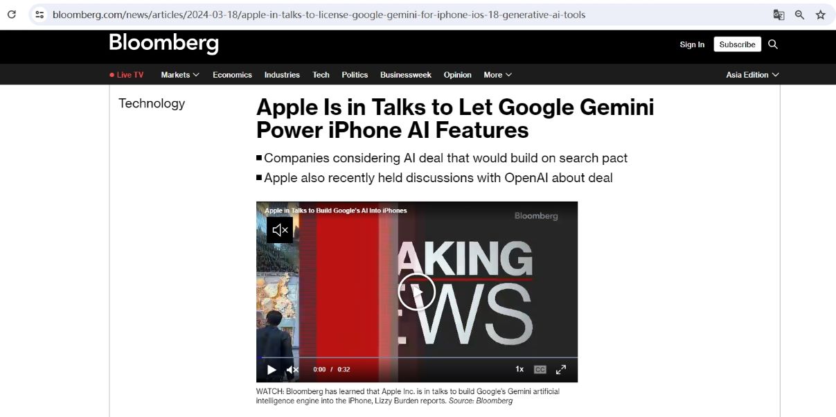 知情人士：苹果正就将谷歌Gemini嵌入iPhone进行谈判