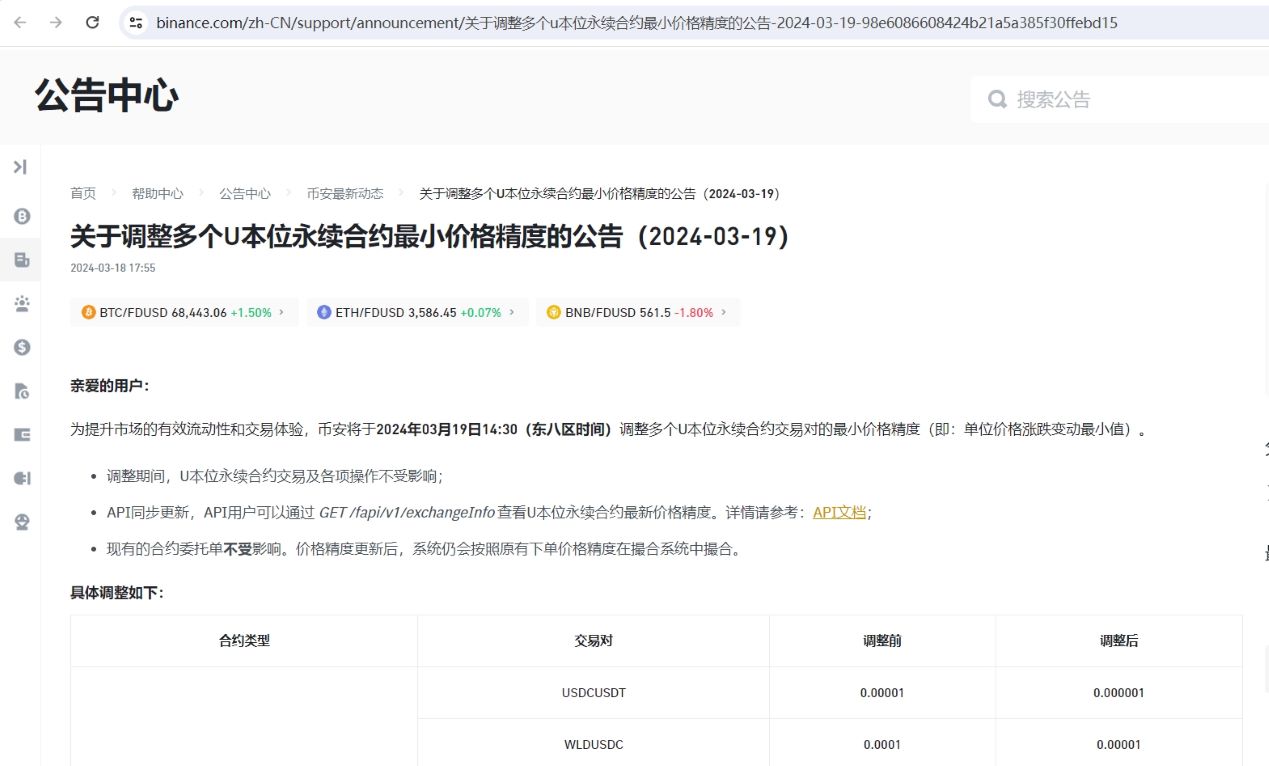 币安将调整多个U本位永续合约最小价格精度