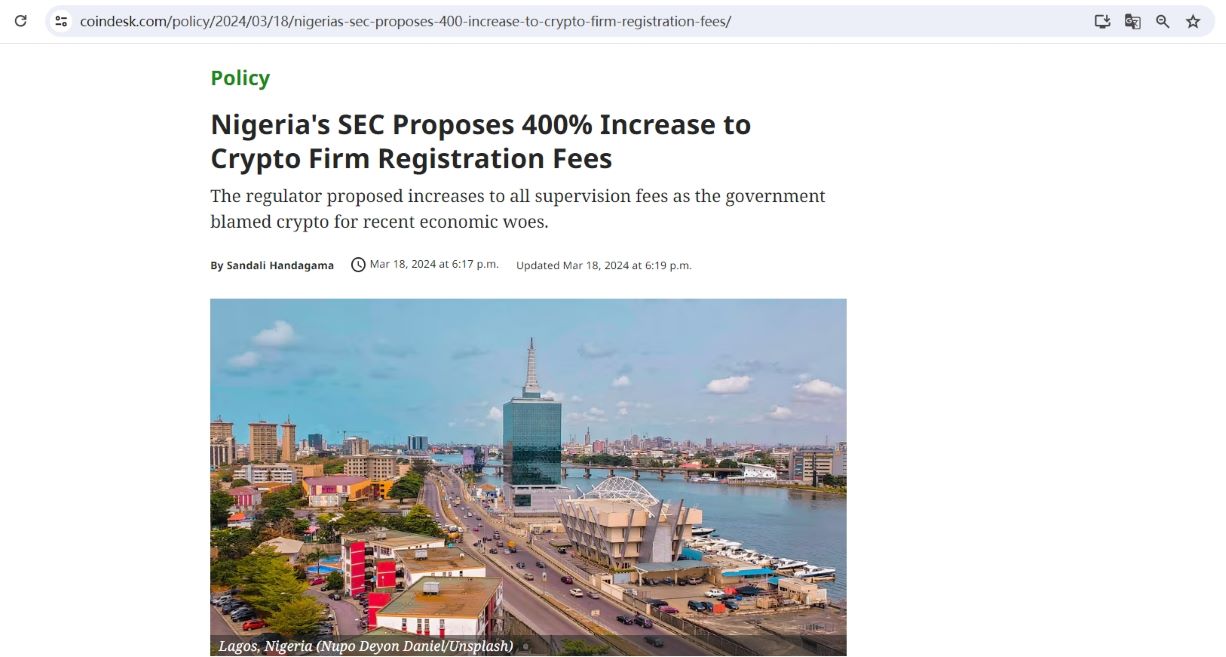 尼日利亚SEC提议将加密货币公司注册费提高400%