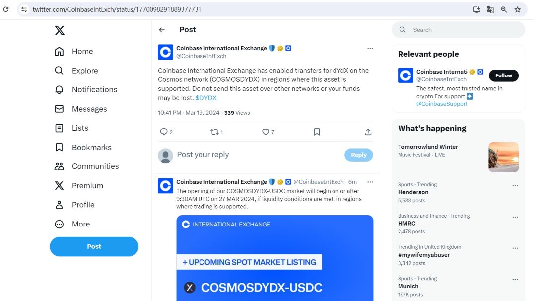 Coinbase国际将于3月27日上线COSMOSDYDX-USDC市场