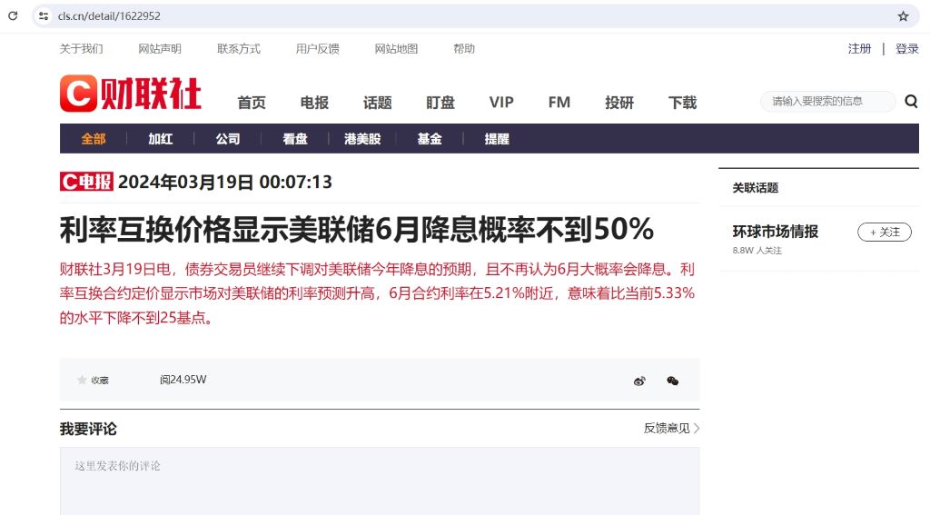 利率互换定价显示6月美联储降息概率不到50%