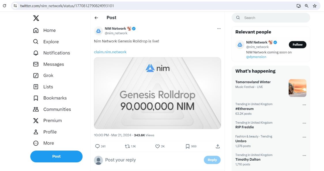 Nim Network开放空投认领，将向DYM质押者等发放9000万枚NIM