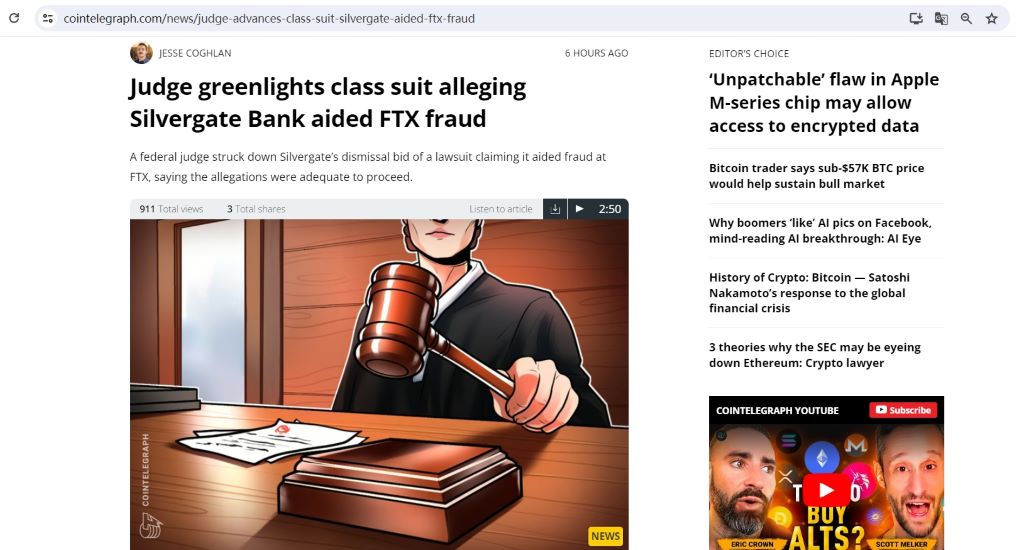 美国法官拒绝Silvergate银行提出的驳回FTX用户对其诉讼的请求