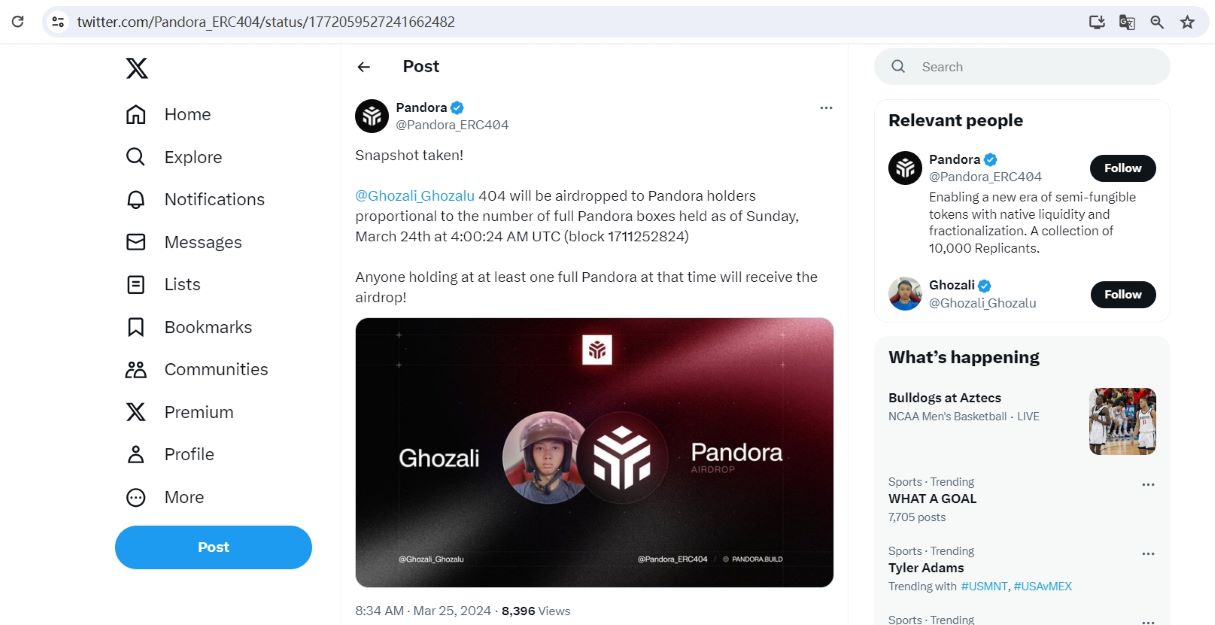 Pandora：“Ghozali 404”已完成面向Pandora持有者的空投快照