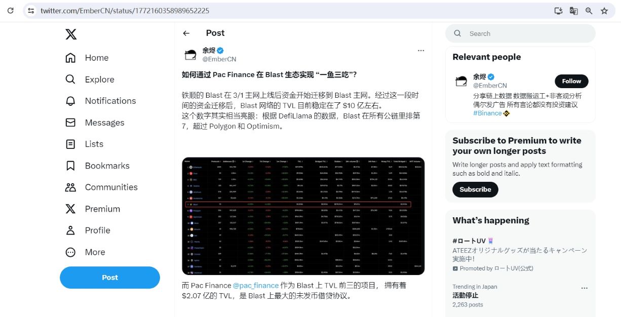 分析师分享通过Pac Finance在Blast生态实现三份收益的方法