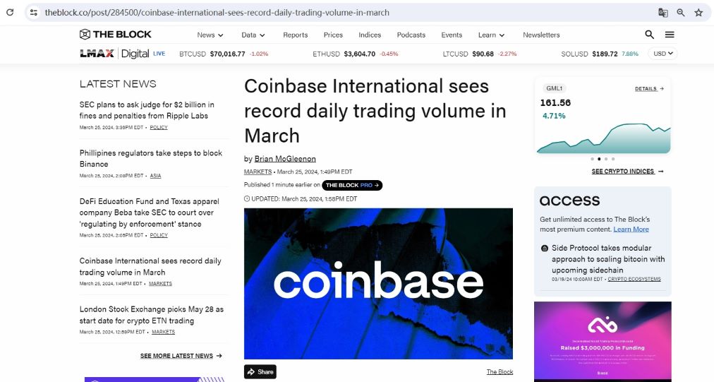 Coinbase国际交易所3月份日均交易量创历史新高