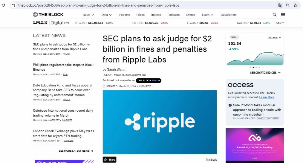 美SEC计划要求法官对Ripple Labs处以20亿美元罚款