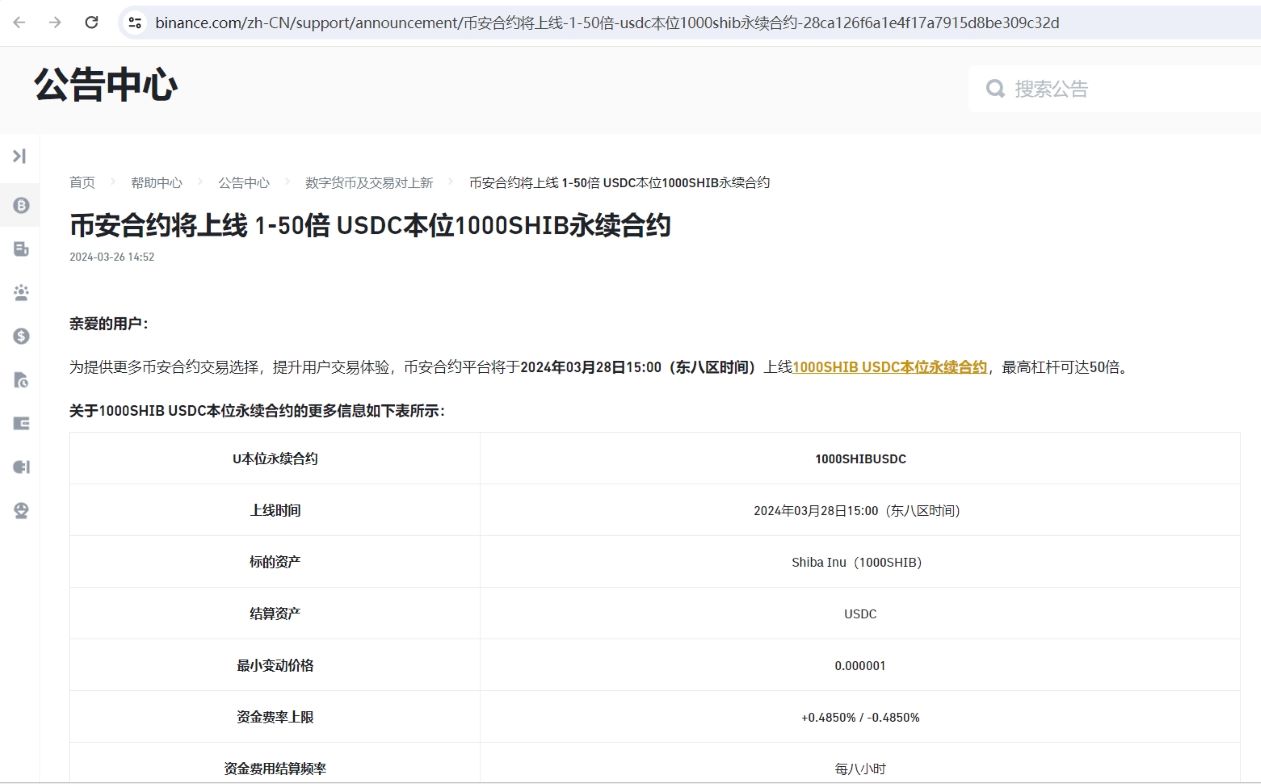 币安合约将上线 1-50倍 USDC本位1000SHIB永续合约
