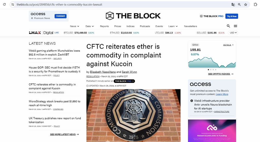 美CFTC在针对Kucoin的起诉中重申ETH等数字货币为商品