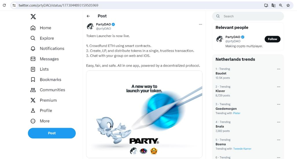 PartyDAO已上线代币启动器，支持使用智能合约众筹ETH