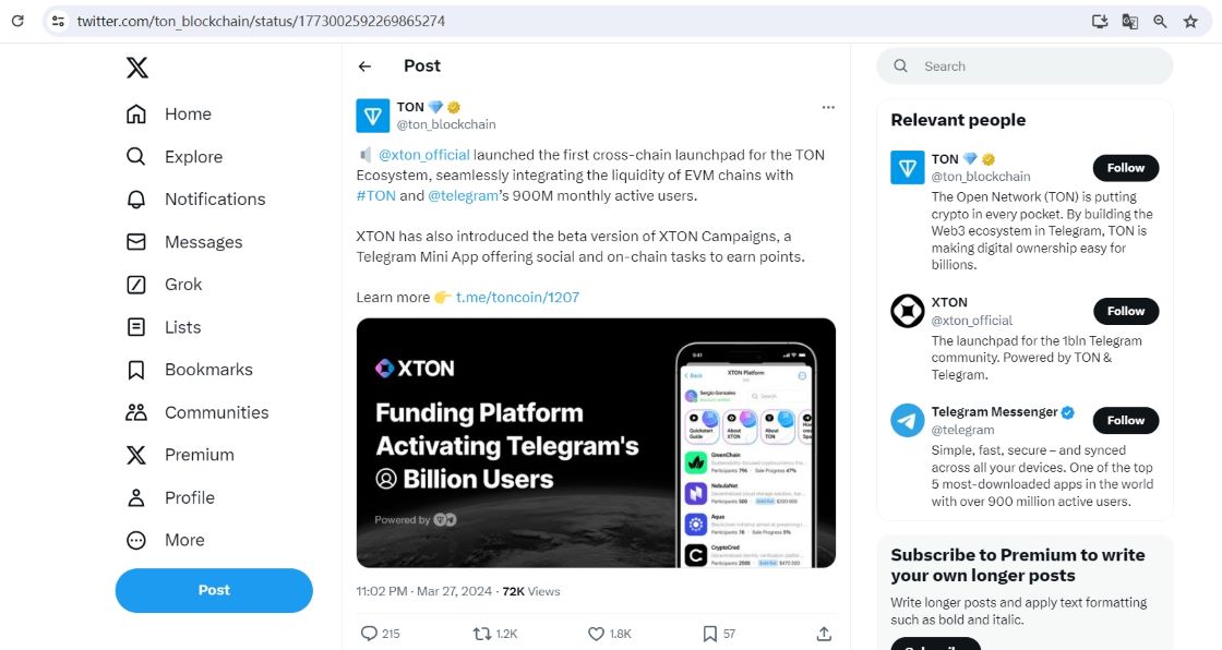 XTON推出跨链Launchpad，集成EVM链流动性与TON和Telegram用户