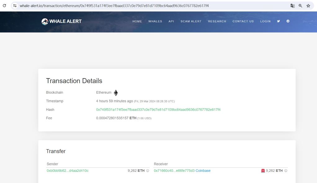 数据：9262枚ETH从未知钱包转至Coinbase