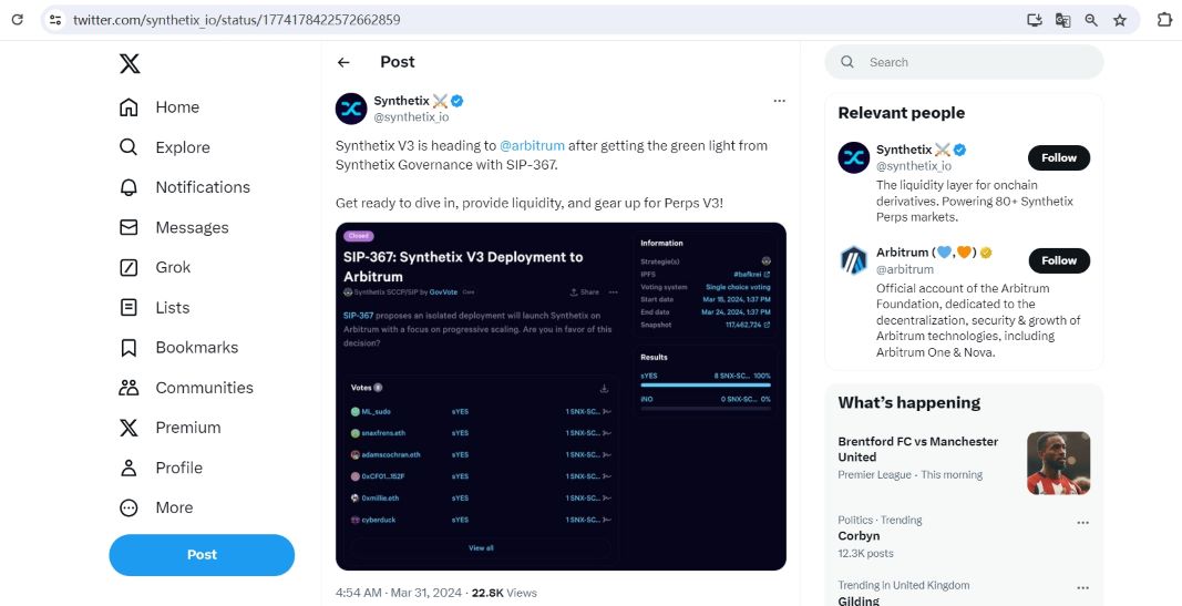 Synthetix通过在Arbitrum上部署Synthetix V3的提案
