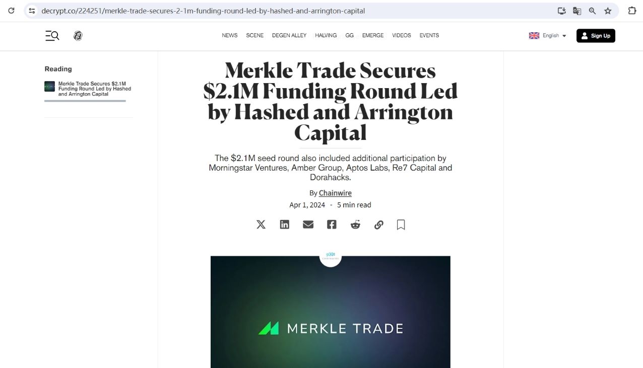 去中心化交易平台Merkle Trade完成210万美元的种子轮融资