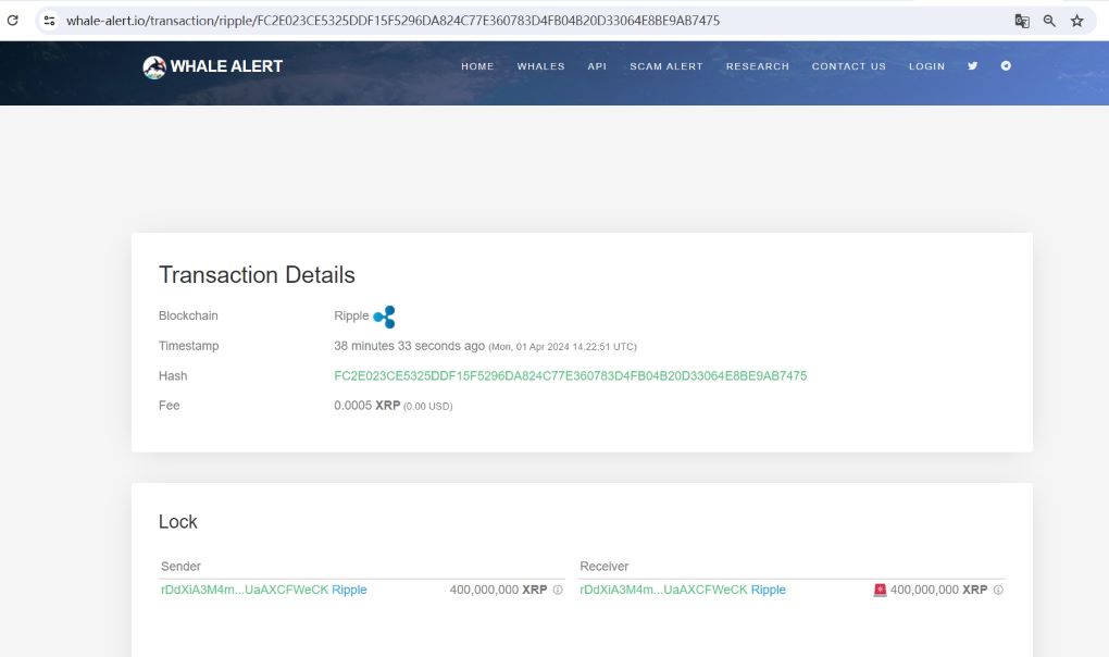 Ripple已将8亿枚XRP通过两笔交易锁定在托管钱包中