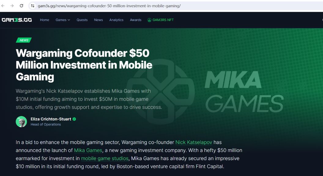 Web3游戏投资机构Mika Games完成1000万美元的首轮融资