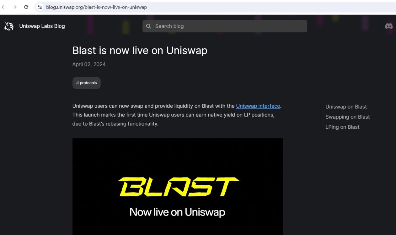 Blast网络现已上线Uniswap