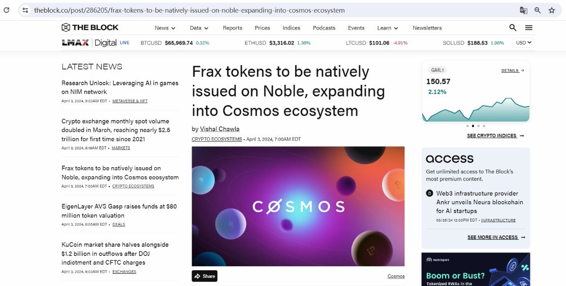 Frax Finance将Frax稳定币引入Cosmos生态系统