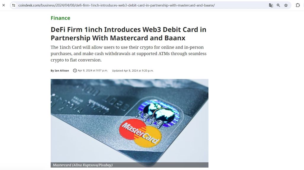 1inch与Mastercard和Baanx合作推出Web3借记卡