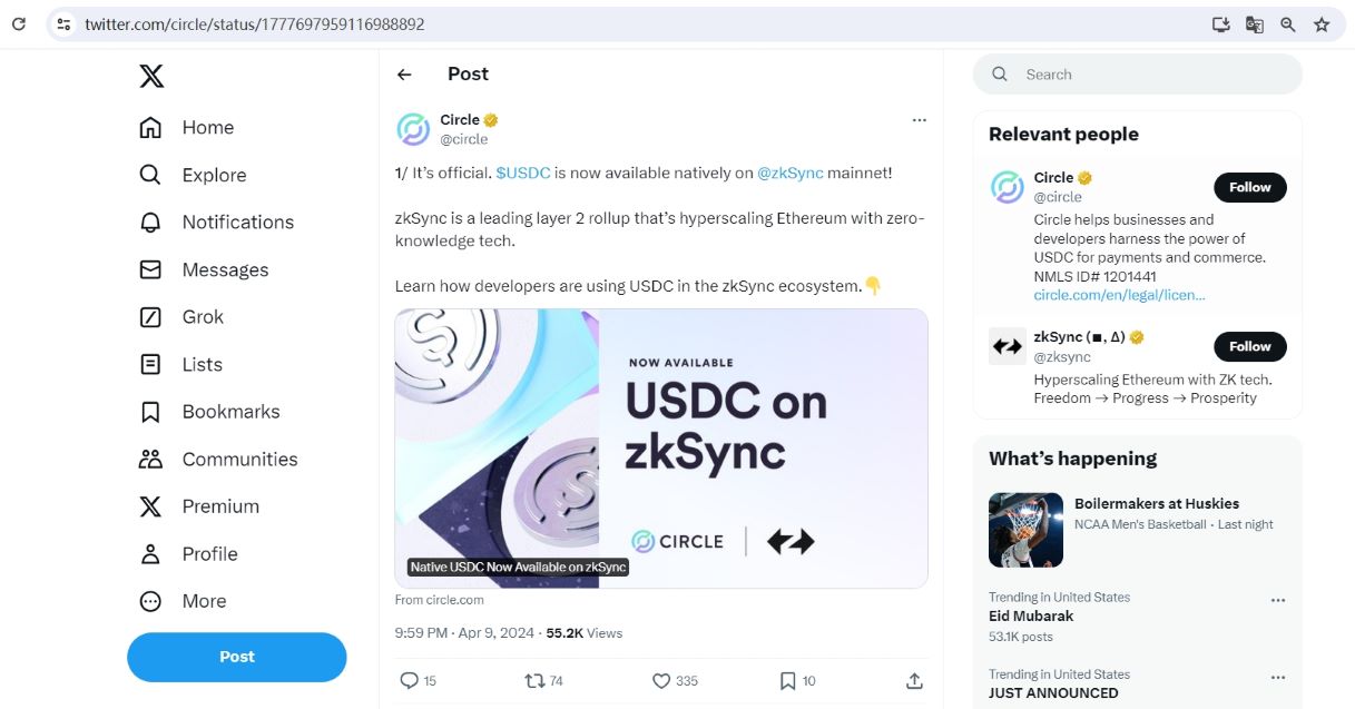 Circle：原生USDC现已在zkSync上可用