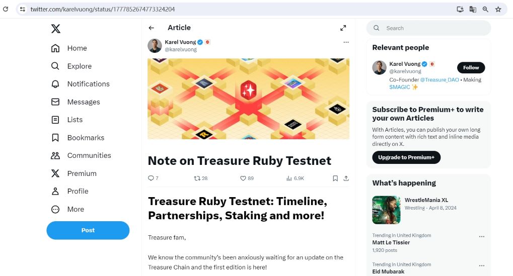 TreasureDAO拟于4月22日左右启动Treasure Ruby测试网