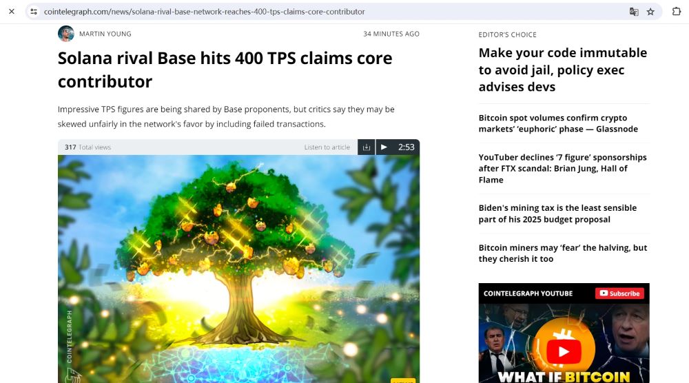 Coinbase协议主管声称Base网络TPS达到300至400，数据遭质疑