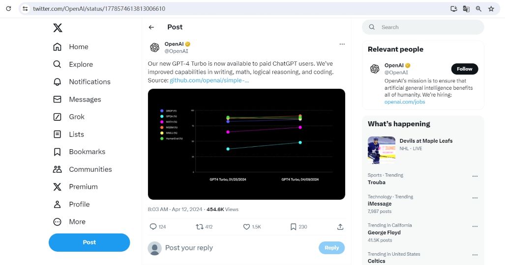 OpenAI：新版GPT-4 Turbo现已向ChatGPT付费用户开放