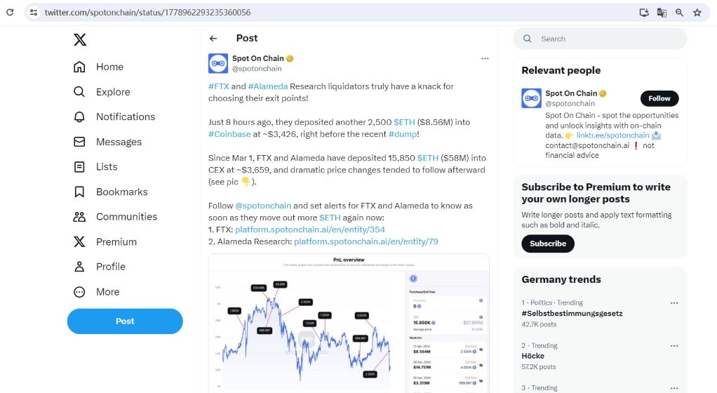 FTX/Alameda清算地址于下跌前将2500枚ETH存入Coinbase