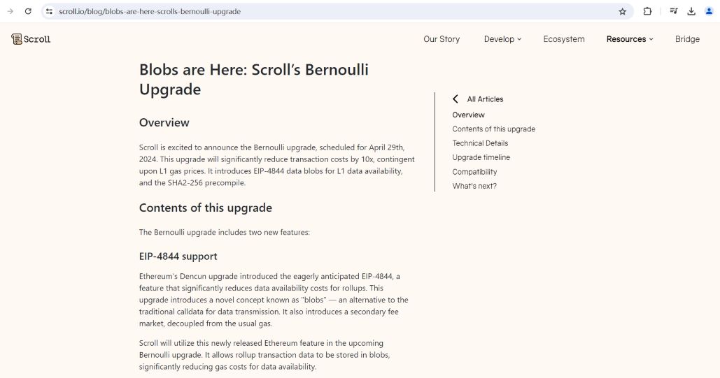 Scroll拟于4月29日进行Bernoulli升级，新增EIP-4844支持