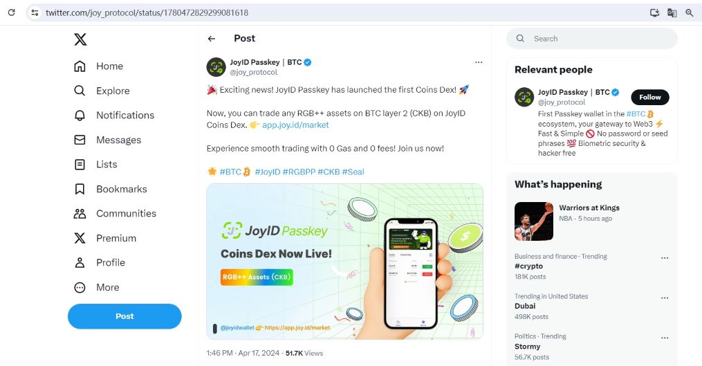 JoyID 推出 JoyID Coins Dex，支持交易 RGB++ 资产