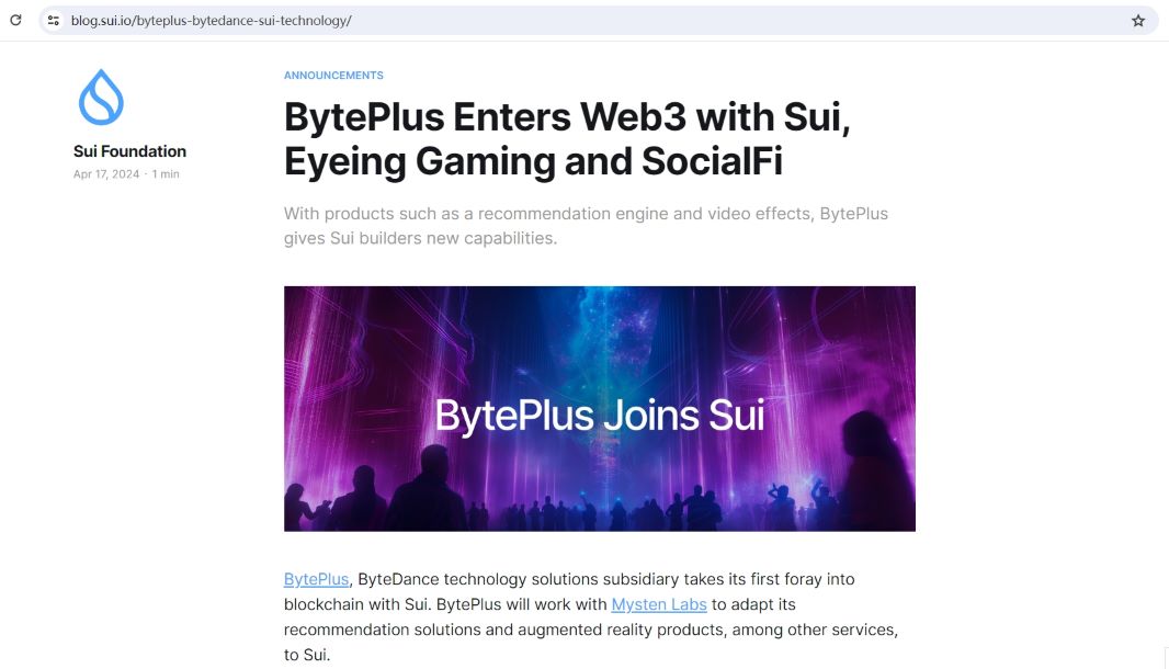 字节跳动子公司BytePlus与Sui开发商达成合作