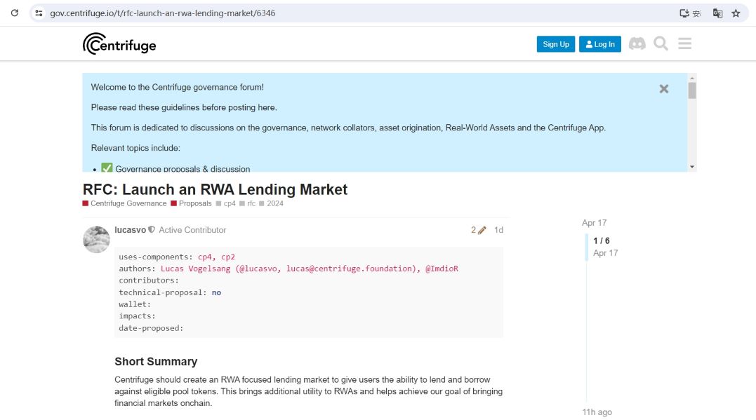Centrifuge社区发布“在Base上部署Centrifuge RWA借贷市场”提案