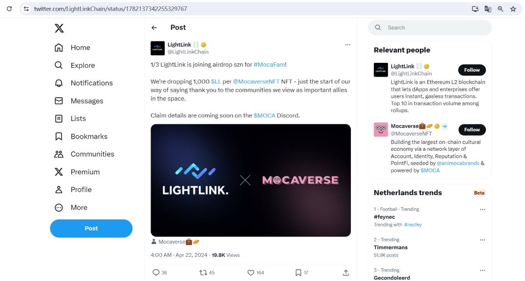 LightLink将向Mocaverse NFT持有者空投LL代币