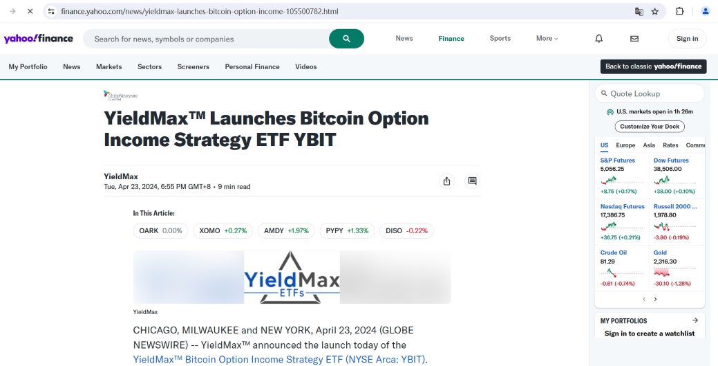 YieldMax推出比特币期权收益策略ETF YBIT