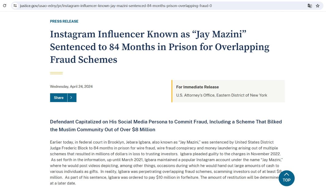 Instagram网红“Jay Mazini”因加密货币相关欺诈被判处7年监禁