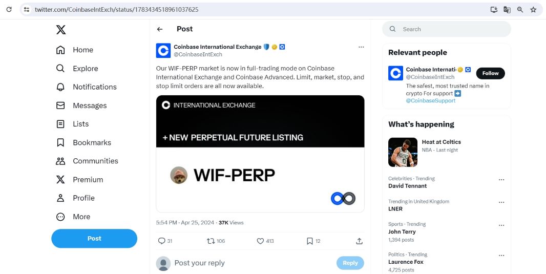 Coinbase国际站已上线WIF永续合约市场