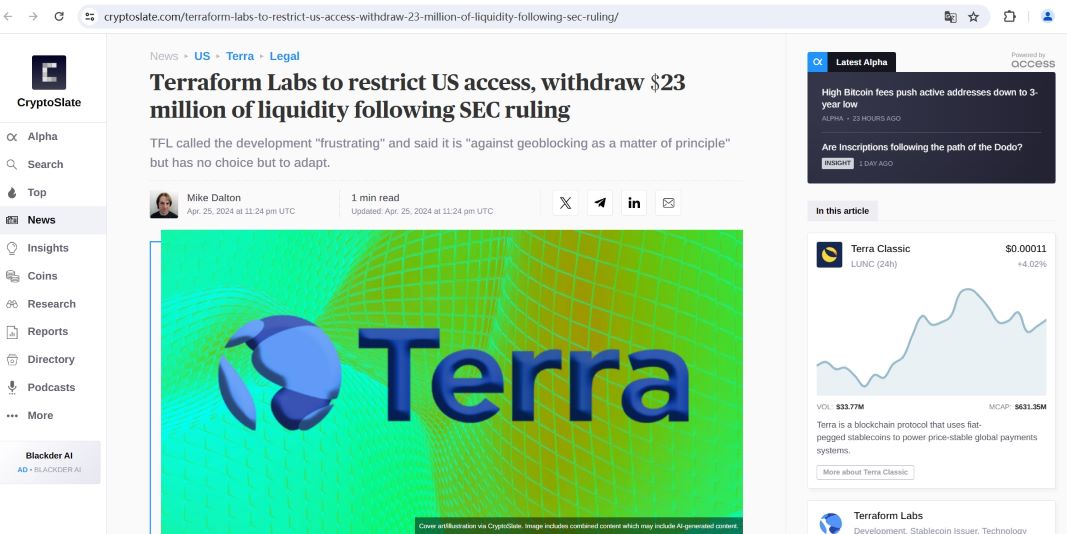 TerraformLabs将禁止美国用户访问，并撤回2380万美元LUNA流动性