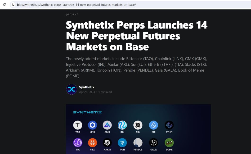 Synthetix Perps在Base上推出14个新的永续期货市场