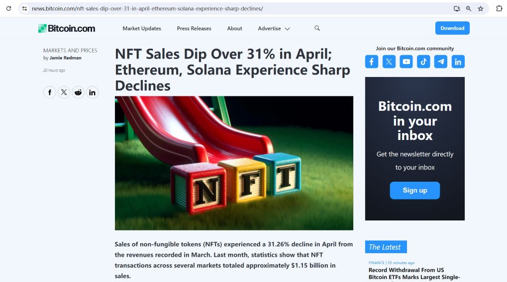 4月份NFT销售额环比下降超31%