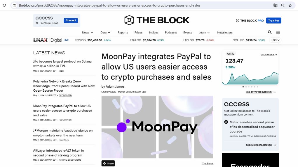 MoonPay集成PayPal支持美国用户进行加密货币购买和销售