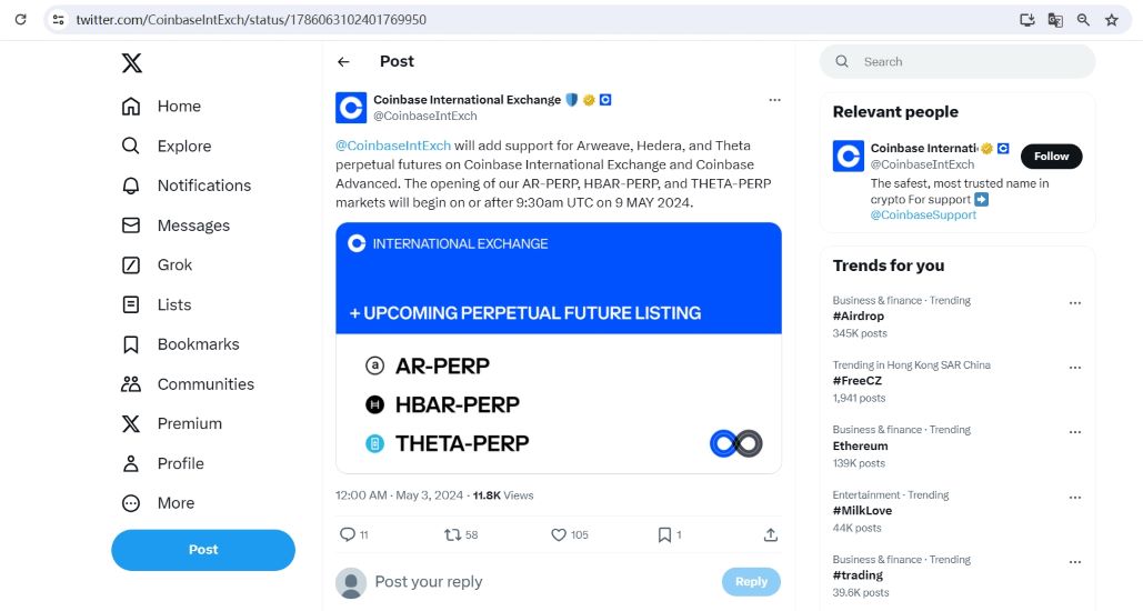 Coinbase国际站将上线AR、HBAR和THETA永续合约交易