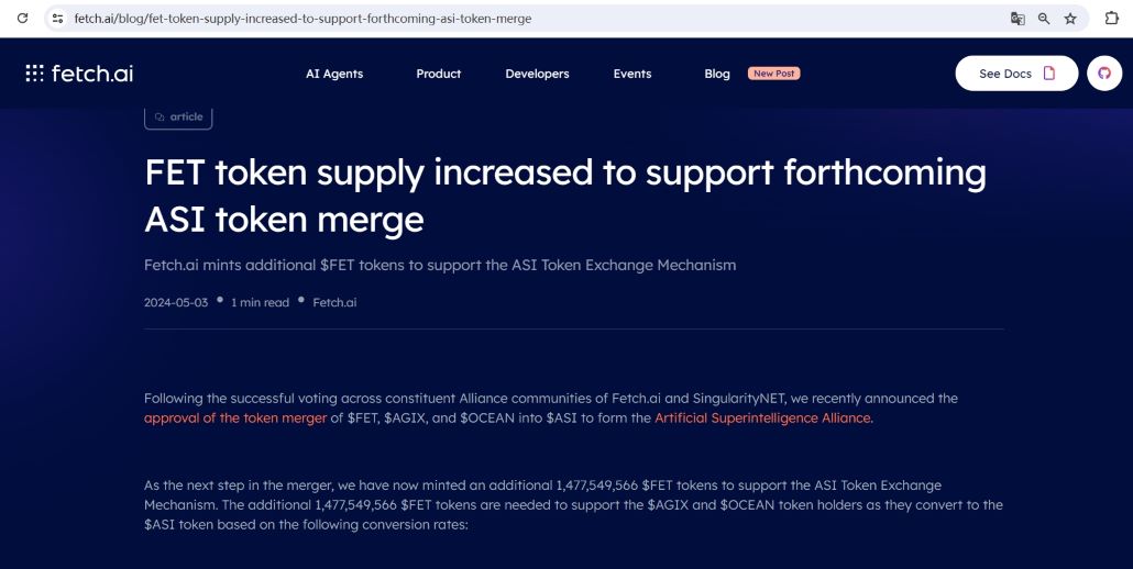 Fetch.ai：FET代币供应量增加以支持ASI代币合并
