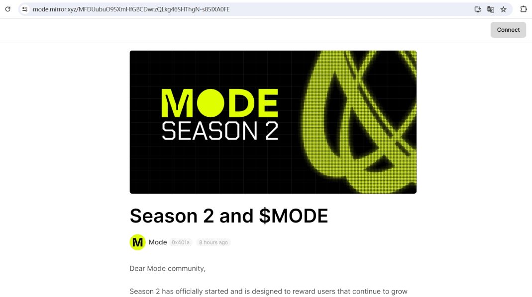 Mode：Season2将持续至9月6日结束，并分配5亿枚MODE代币