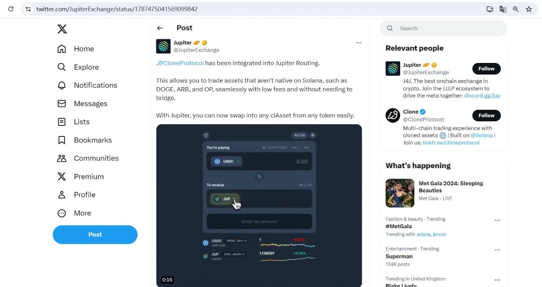 Jupiter：已集成Clone，支持用户交易非Solana原生资产