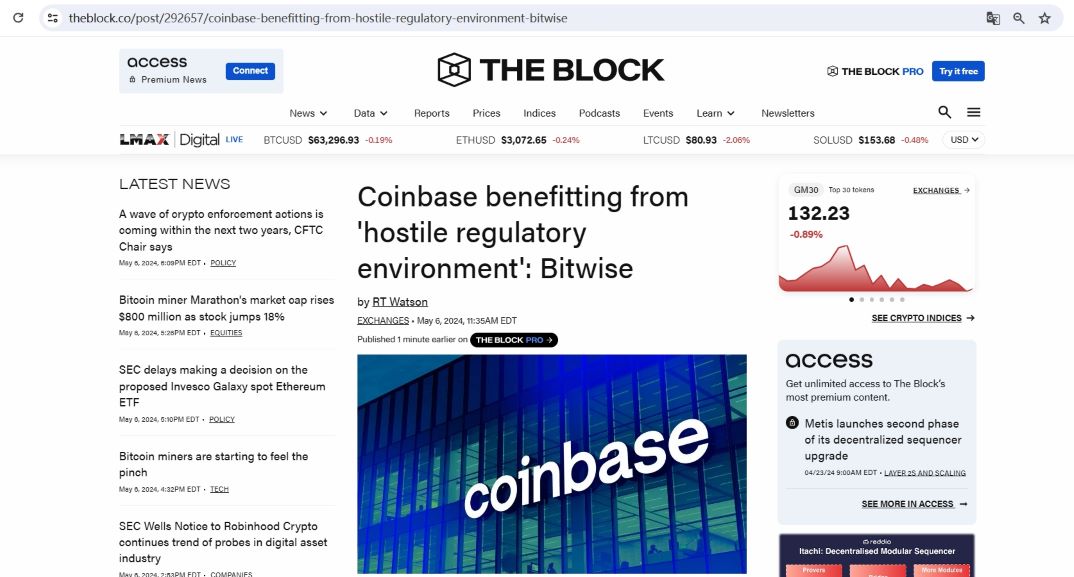 Bitwise：Coinbase受益于美国不友好的监管环境