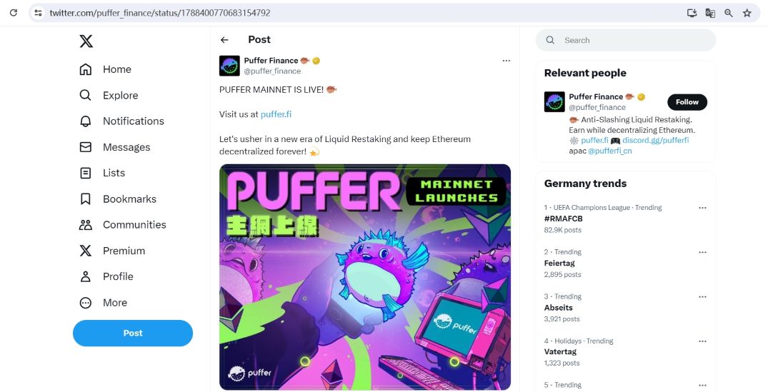 Puffer Finance宣布其主网已正式上线